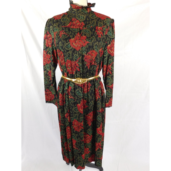 VINTAGE ARAMA PARIS HIGH NECK LACE TRIM WOOL DRESS - Picture 2 of 11